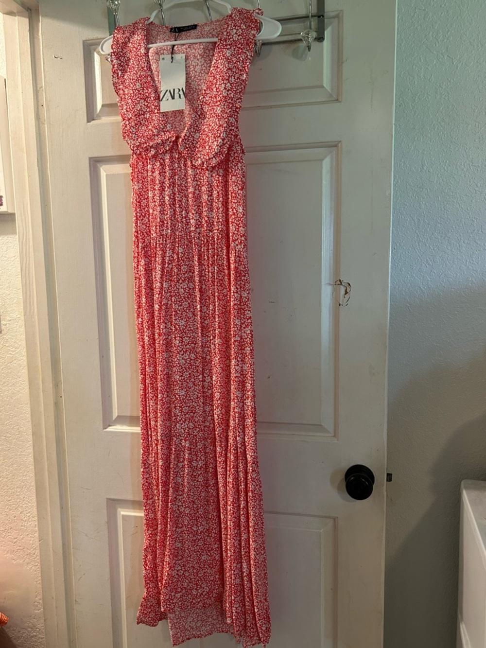 Zara Coral-Red Floral Ruffle Maxi Dress